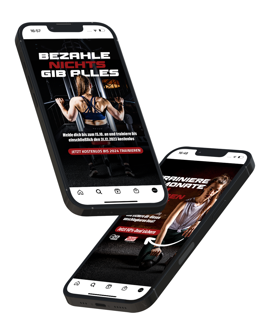 Auf zwei Smartphones werden Werbebildschirme für Fitness-Apps angezeigt. Auf den Bildschirmen sind Bilder von trainierenden Menschen zu sehen, die in fettgedruckten deutschen Texten ein Fitnessstudio-Angebot hervorheben: „Bezahle nichts gib alles“ und „Trainiere 3 Monate“, mit Bedingungen für kostenloses Training bis zum Jahresende.